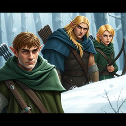 Three elves in the foreground: a strong, older male elf with short brown hair, brown eyes, and a scar on his left cheek, wearing a green cloak; the second elf is a robust male with long blonde hair and bright blue eyes that stand out from his fair complexion, adorned in a blue cloak; the third elf is a smaller male with shoulder-length blonde hair, his greenish eyes often partially hidden behind his hair, also wearing a green cloak