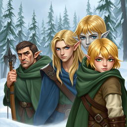 Three elves in the foreground: a strong, older male elf with short brown hair, brown eyes, and a scar on his left cheek, wearing a green cloak; the second elf is a robust male with long blonde hair and bright blue eyes that stand out from his fair complexion, adorned in a blue cloak; the third elf is a smaller male with shoulder-length blonde hair, his greenish eyes often partially hidden behind his hair, also wearing a green cloak