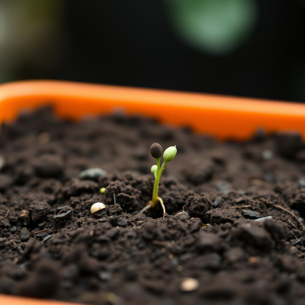 An orange container filled with dirt, featuring one early-stage germinating seed just starting to emerge from the soil