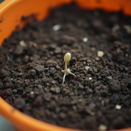 An orange container filled with dirt, featuring one early-stage germinating seed just starting to emerge from the soil