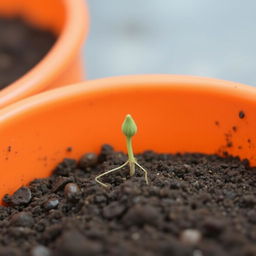 An orange container filled with dirt, featuring one early-stage germinating seed just starting to emerge from the soil