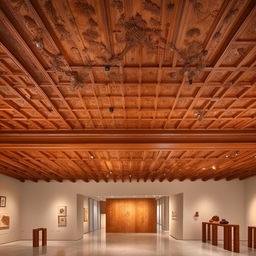 A spacious and lit and organized workspace inside an art museum, featuring a rich traditional wooden ceiling.