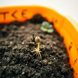 An orange container filled with dirt, featuring one early-stage germinating seed just starting to emerge from the soil