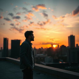 A solitary man standing in an urban rooftop setting, gazing out at the city skyline during sunset