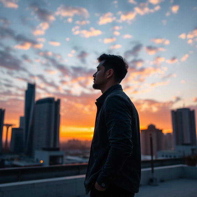 A solitary man standing in an urban rooftop setting, gazing out at the city skyline during sunset