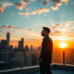 A solitary man standing in an urban rooftop setting, gazing out at the city skyline during sunset