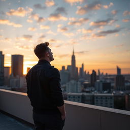 A solitary man standing in an urban rooftop setting, gazing out at the city skyline during sunset