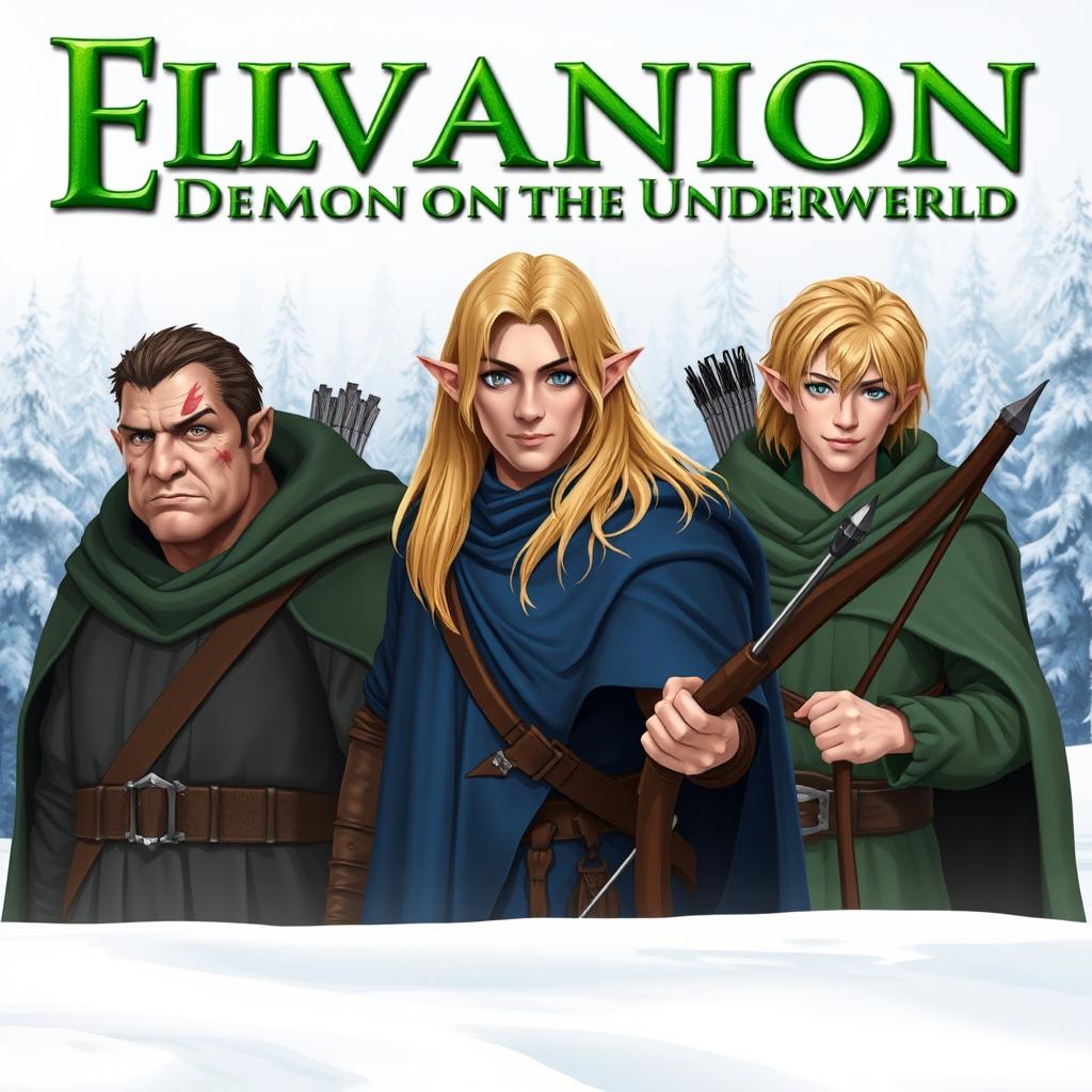 Three elves in the foreground with the title in green: "Elvanion - A Demon from the Underworld"