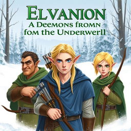 Three elves in the foreground with the title in green: "Elvanion - A Demon from the Underworld"