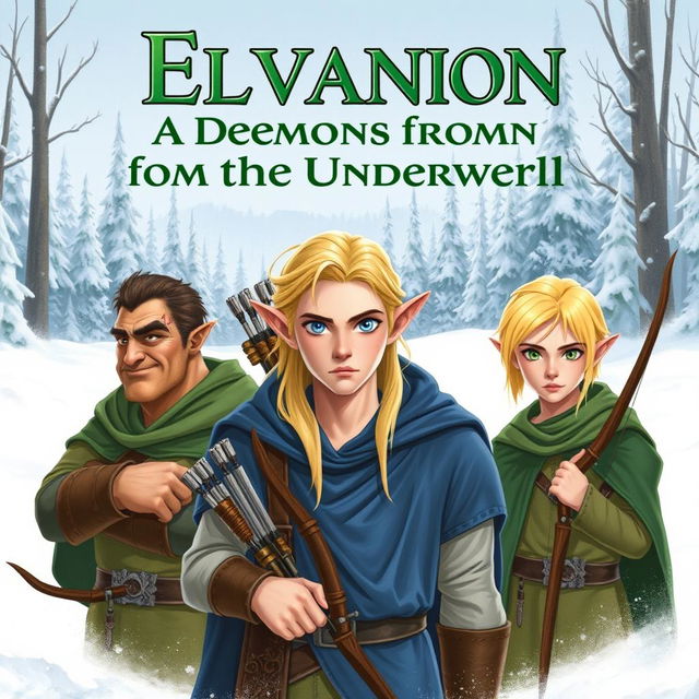 Three elves in the foreground with the title in green: "Elvanion - A Demon from the Underworld"
