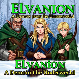 Three elves in the foreground with the title in green: "Elvanion - A Demon from the Underworld"