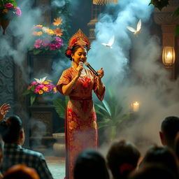A vibrant mystical scene featuring a traditional Sinden performance, where an enchanting female singer dressed in a richly decorated Javanese kebaya enthralls the audience