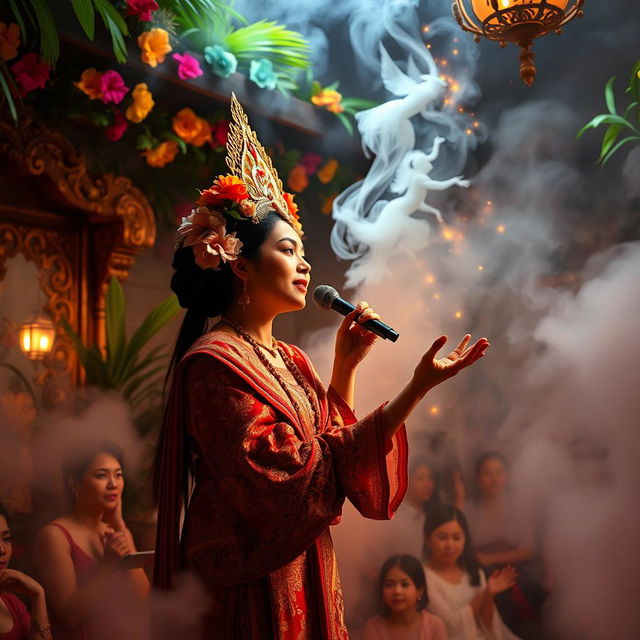 A vibrant mystical scene featuring a traditional Sinden performance, where an enchanting female singer dressed in a richly decorated Javanese kebaya enthralls the audience