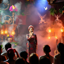 A vibrant mystical scene featuring a traditional Sinden performance, where an enchanting female singer dressed in a richly decorated Javanese kebaya enthralls the audience