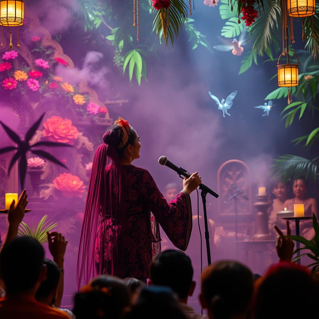 A vibrant mystical scene featuring a traditional Sinden performance, where an enchanting female singer dressed in a richly decorated Javanese kebaya enthralls the audience