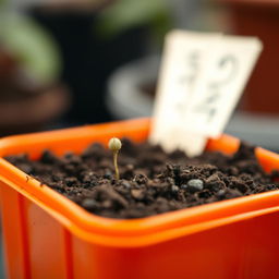 An orange container filled with dirt, showcasing one early-stage germinating seed just beginning to sprout from the soil