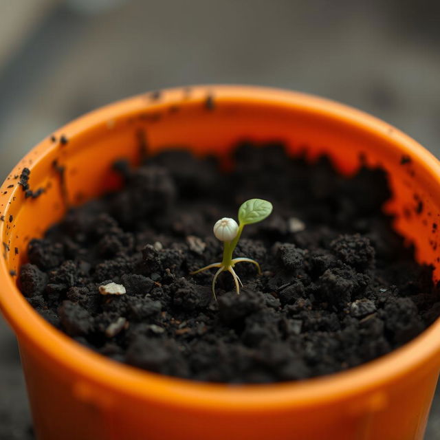 An orange container filled with dirt, showcasing one early-stage germinating seed just beginning to sprout from the soil