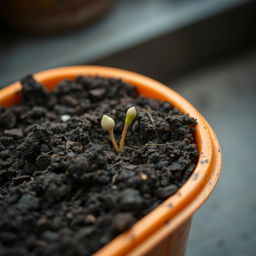 An orange container filled with dirt, showcasing one early-stage germinating seed just beginning to sprout from the soil
