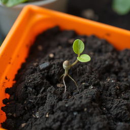 An orange container filled with dirt, showcasing one early-stage germinating seed just beginning to sprout from the soil