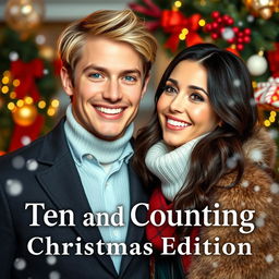 A young blonde-haired male politician smiling affectionately at his dark-haired girlfriend, both dressed in elegant winter attire, surrounded by festive Christmas decorations, with soft falling snowflakes in the background
