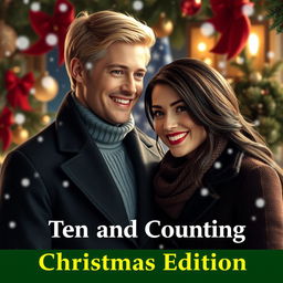 A young blonde-haired male politician smiling affectionately at his dark-haired girlfriend, both dressed in elegant winter attire, surrounded by festive Christmas decorations, with soft falling snowflakes in the background