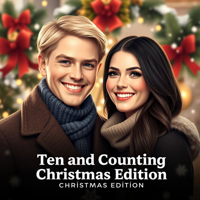 A young blonde-haired male politician smiling affectionately at his dark-haired girlfriend, both dressed in elegant winter attire, surrounded by festive Christmas decorations, with soft falling snowflakes in the background