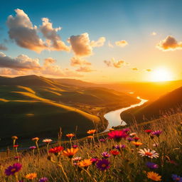 A stunning high-definition photograph featuring a vibrant and harmonious color palette, showcasing a picturesque landscape during golden hour