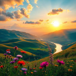 A stunning high-definition photograph featuring a vibrant and harmonious color palette, showcasing a picturesque landscape during golden hour