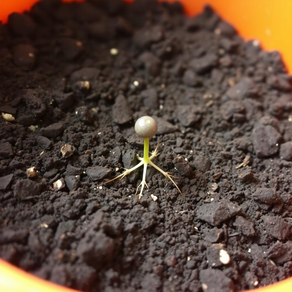 An orange container filled with dirt, prominently featuring one early-stage germinating seed that is just beginning to sprout