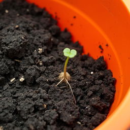 An orange container filled with dirt, prominently featuring one early-stage germinating seed that is just beginning to sprout