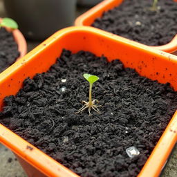An orange container filled with dirt, prominently featuring one early-stage germinating seed that is just beginning to sprout