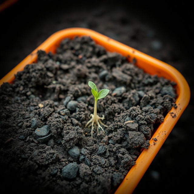 An orange container filled with dirt, prominently featuring one early-stage germinating seed that is just beginning to sprout