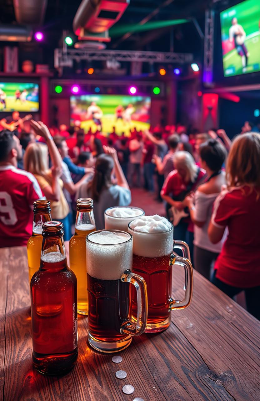 An energetic and lively scene depicting a gathering of friends enjoying a football game, with vibrant atmosphere elements like colorful jerseys, cheering fans, and a giant screen displaying the match