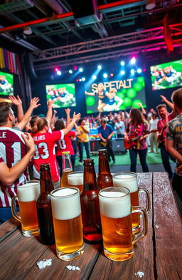 An energetic and lively scene depicting a gathering of friends enjoying a football game, with vibrant atmosphere elements like colorful jerseys, cheering fans, and a giant screen displaying the match