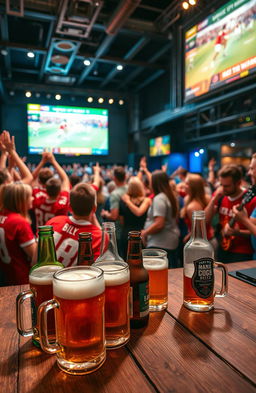 An energetic and lively scene depicting a gathering of friends enjoying a football game, with vibrant atmosphere elements like colorful jerseys, cheering fans, and a giant screen displaying the match