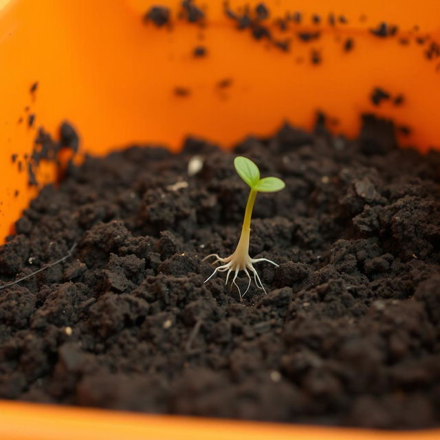 An orange container filled with dirt, prominently displaying one germinated seed that has just broken through the soil surface