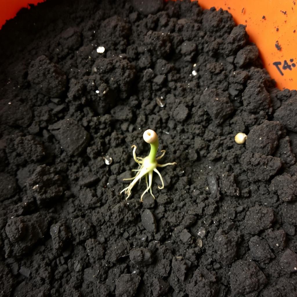 An orange container filled with dirt, prominently displaying one germinated seed that has just broken through the soil surface