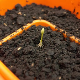 An orange container filled with dirt, prominently displaying one germinated seed that has just broken through the soil surface