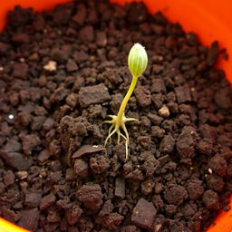 An orange container filled with dirt, prominently displaying one germinated seed that has just broken through the soil surface