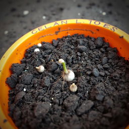 An orange container filled with dirt, prominently featuring one germinated seed that has just emerged from the soil