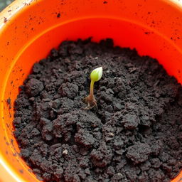 An orange container filled with dirt, prominently featuring one germinated seed that has just emerged from the soil