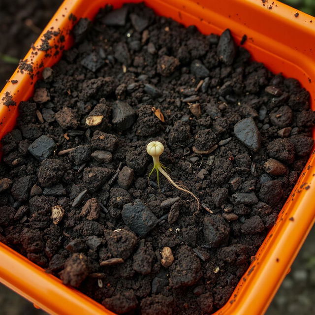 An orange container filled with dirt, prominently featuring one germinated seed that has just emerged from the soil