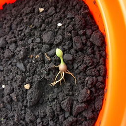 An orange container filled with dirt, prominently featuring one germinated seed that has just emerged from the soil