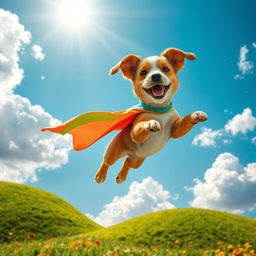 A whimsical scene of a colorful flying dog soaring through a bright blue sky with fluffy white clouds