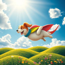 A whimsical scene of a colorful flying dog soaring through a bright blue sky with fluffy white clouds