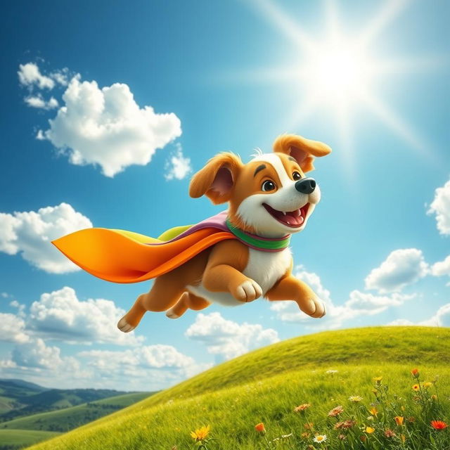 A whimsical scene of a colorful flying dog soaring through a bright blue sky with fluffy white clouds