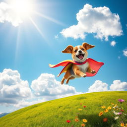 A whimsical scene of a colorful flying dog soaring through a bright blue sky with fluffy white clouds