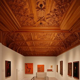 A spacious and lit and organized workspace inside an art museum, featuring a rich traditional wooden ceiling.