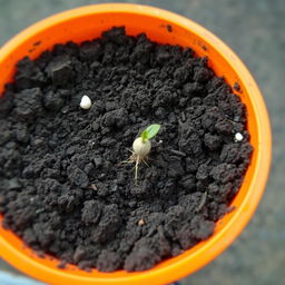 An orange container filled with dirt, prominently showcasing one germinated seed that has successfully sprouted
