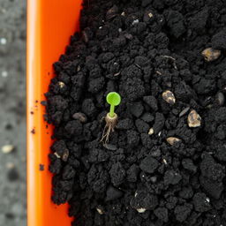 An orange container filled with dirt, prominently showcasing one germinated seed that has successfully sprouted